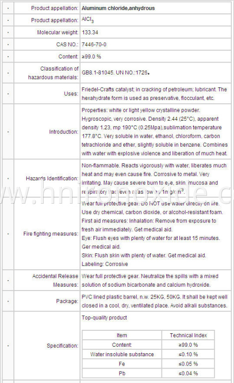 Aluminium Chloride Anhydrous Specification